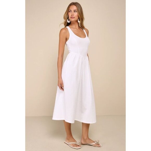 Lulus Summer Beauty White Ribbed Twist-Back Midi Dress – Size Medium - Picture 1 of 6